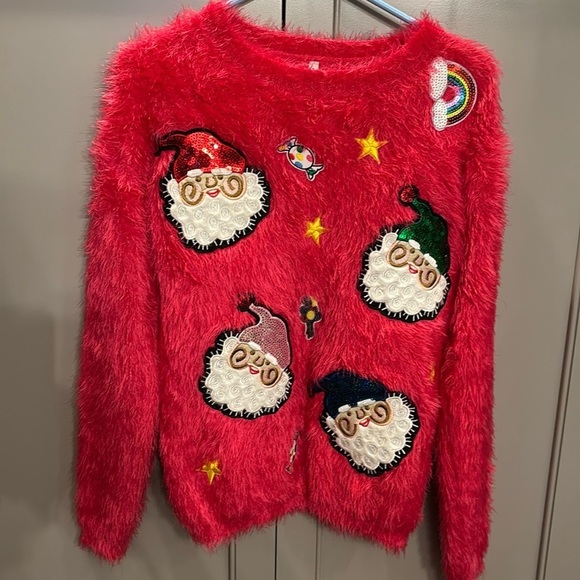 Sweaters - Womens Red Holiday Sweater w Santas & Sequins Size Small